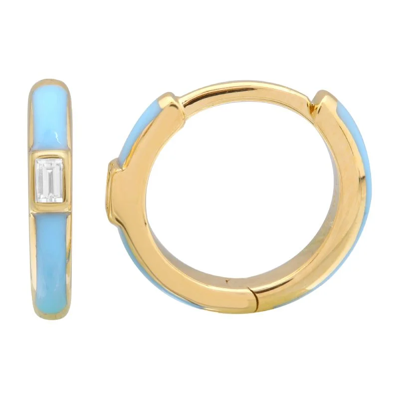 women's earrings with birthstone -14k Yellow Gold Light Blue Enamel & Diamond Huggie Earrings