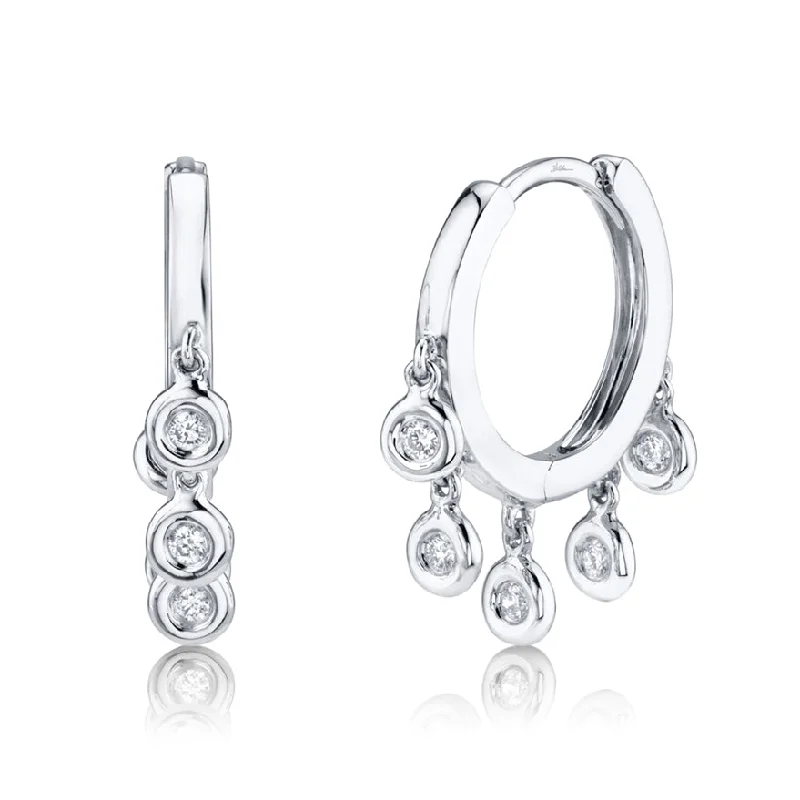 women's earrings with floating diamonds -14K White Gold Diamond Bezel Dangle Small Hoop Earring