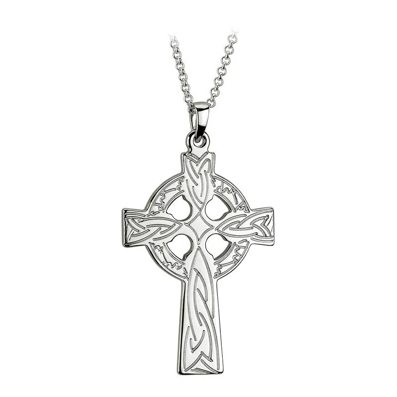 women's necklaces with layered gold chain -Large Sterling Silver Celtic Cross