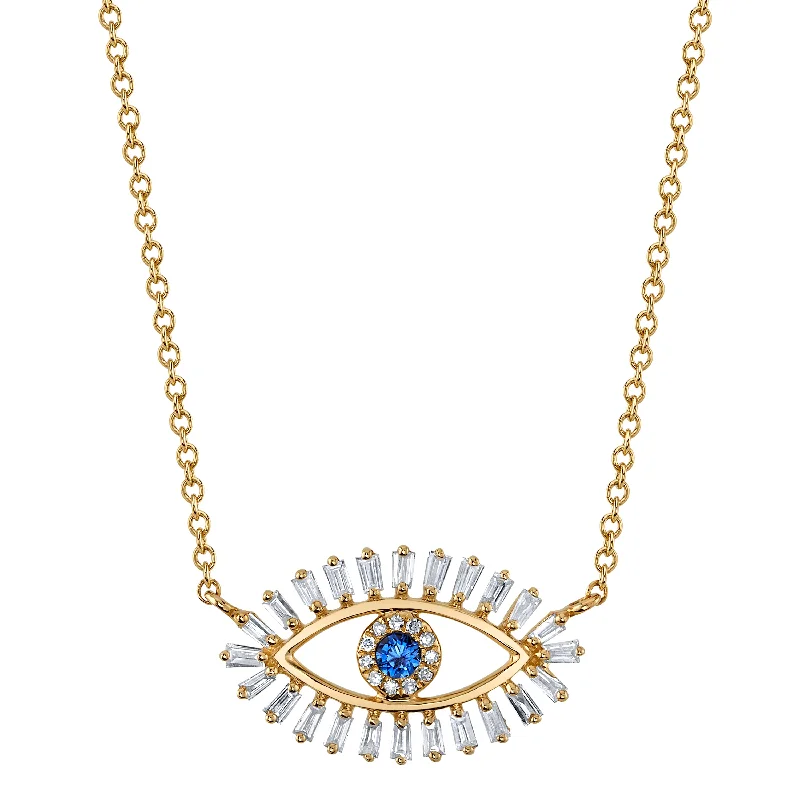 women's necklaces gold -Sapphire Evil Eye with Diamond Baguette Lashes