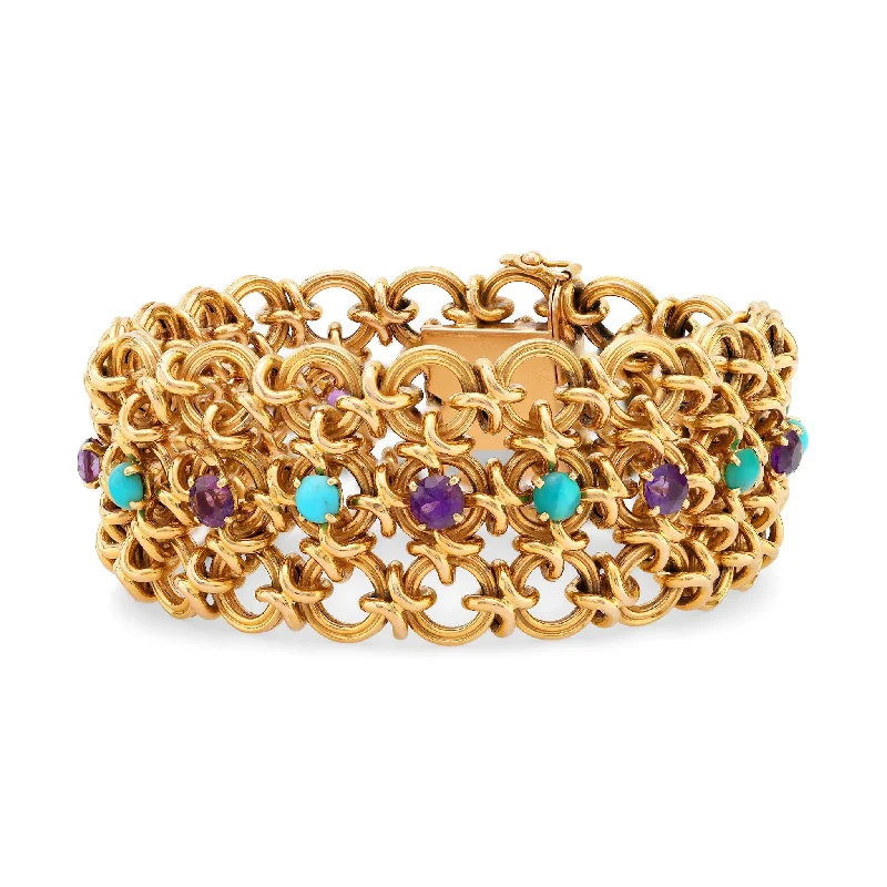 women's bracelets with luxurious materials -French retro turquoise amethyst 18k yellow gold bracelet