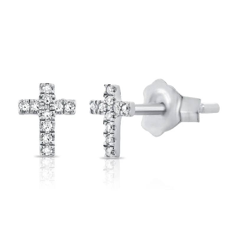 women's earrings with fine craftsmanship -14K White Gold Diamond Cross Stud Earrings