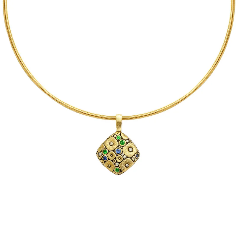 women's necklaces with matching earrings -18 Karat Yellow Gold Soft Mosaic pendant with Sapphires, Tsavorites and Diamonds