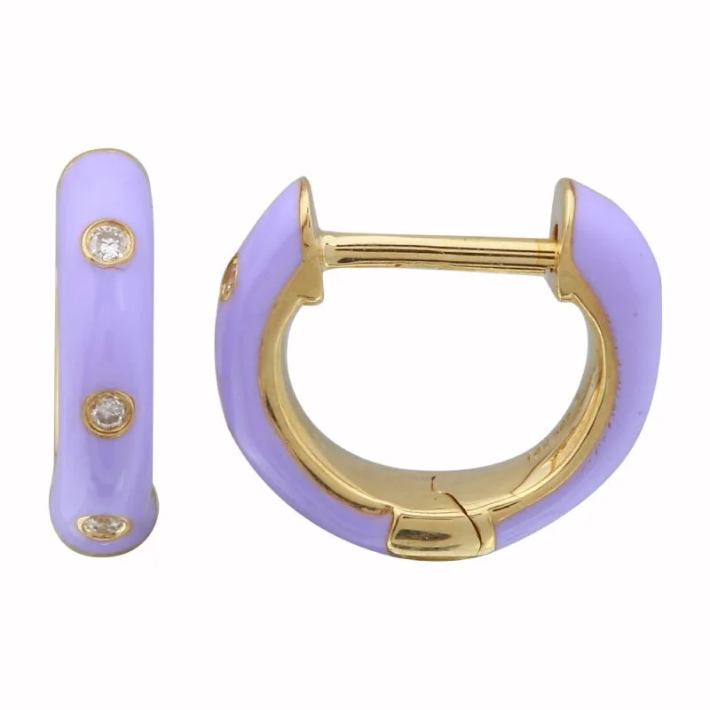 women's earrings with baroque pearl -14k Yellow Gold Lavender Enamel & Diamond Huggie Earrings