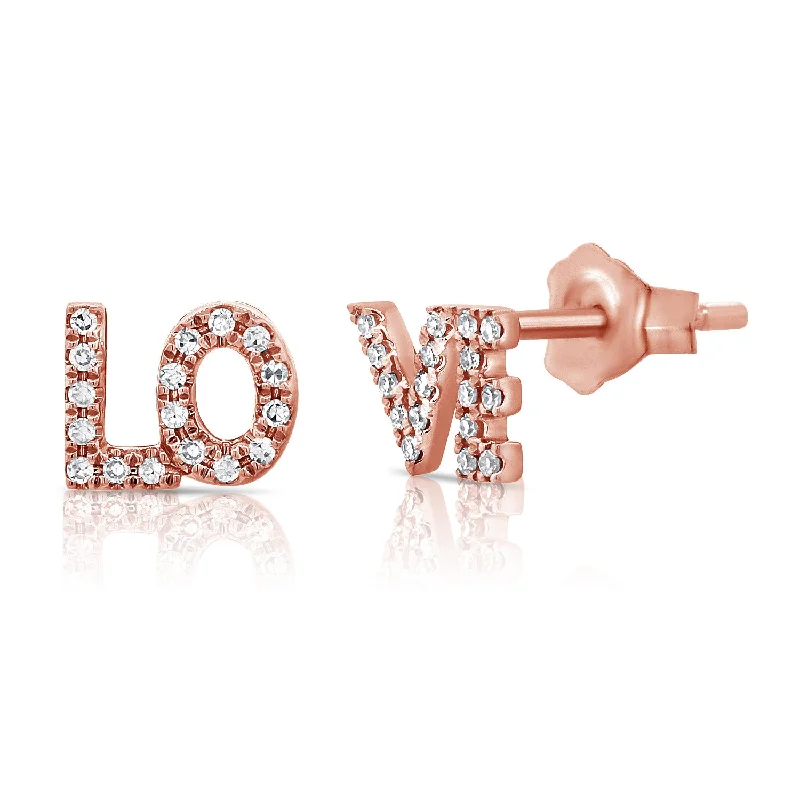 women's earrings with engraved details -14K Rose Gold Diamond "Love" Stud Earrings