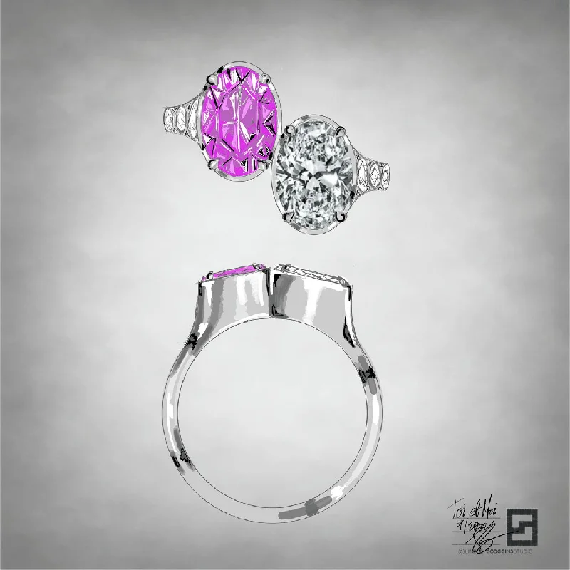 women's engagement rings with pear-cut diamonds -PINK SAPPHIRE AND OVAL DIAMOND TOI ET MOI RING