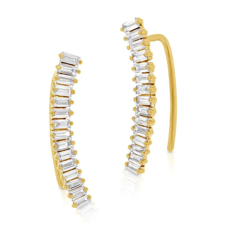 women's earrings with oversized hoop -Baguette Diamond Ear Climbers