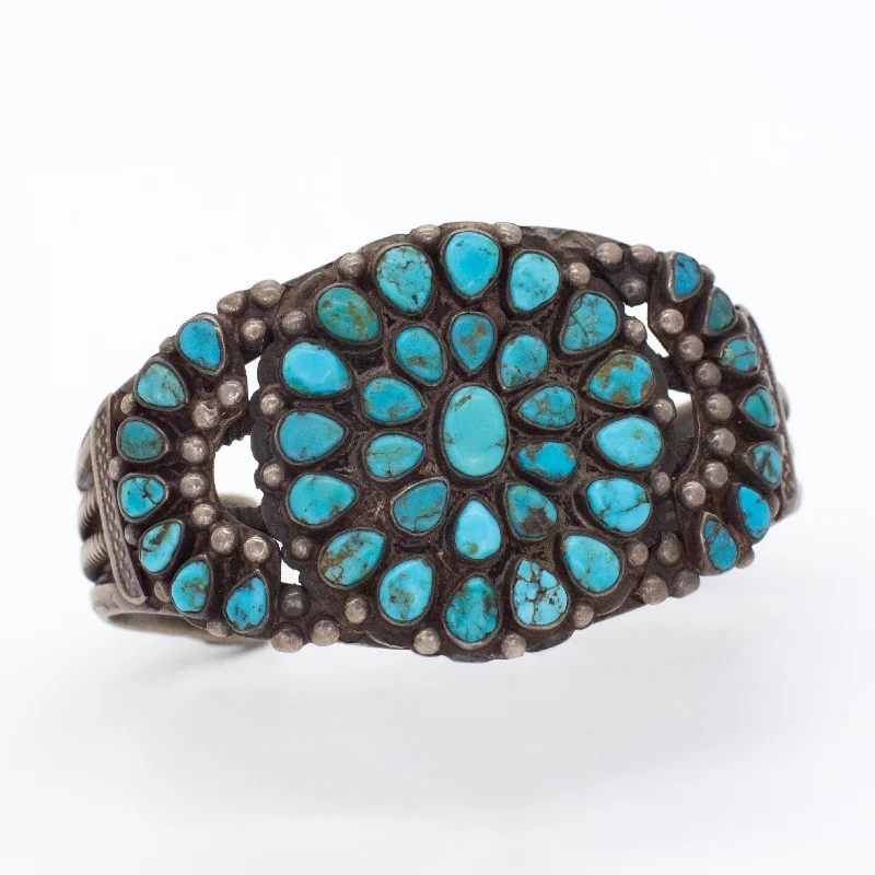 women's bracelets with geometric elegance -Vintage Handmade Sterling Silver Turquoise Petit Point Cluster Cuff Bracelet (Hallmark Unknown)