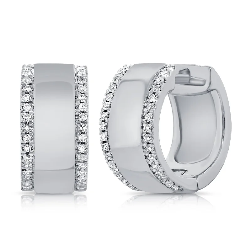 women's earrings with polished metal -14K White Gold Diamond Outline Large Huggie Earrings