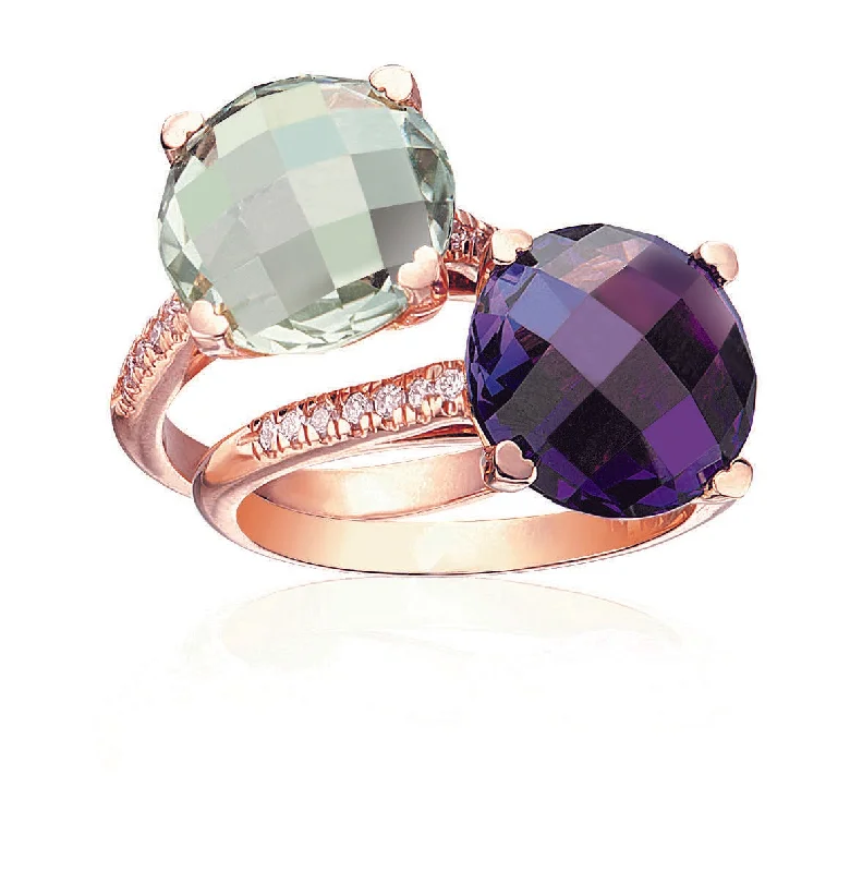 women's engagement rings with split band and halo -Green Quartz and Amethyst Ring with Diamonds