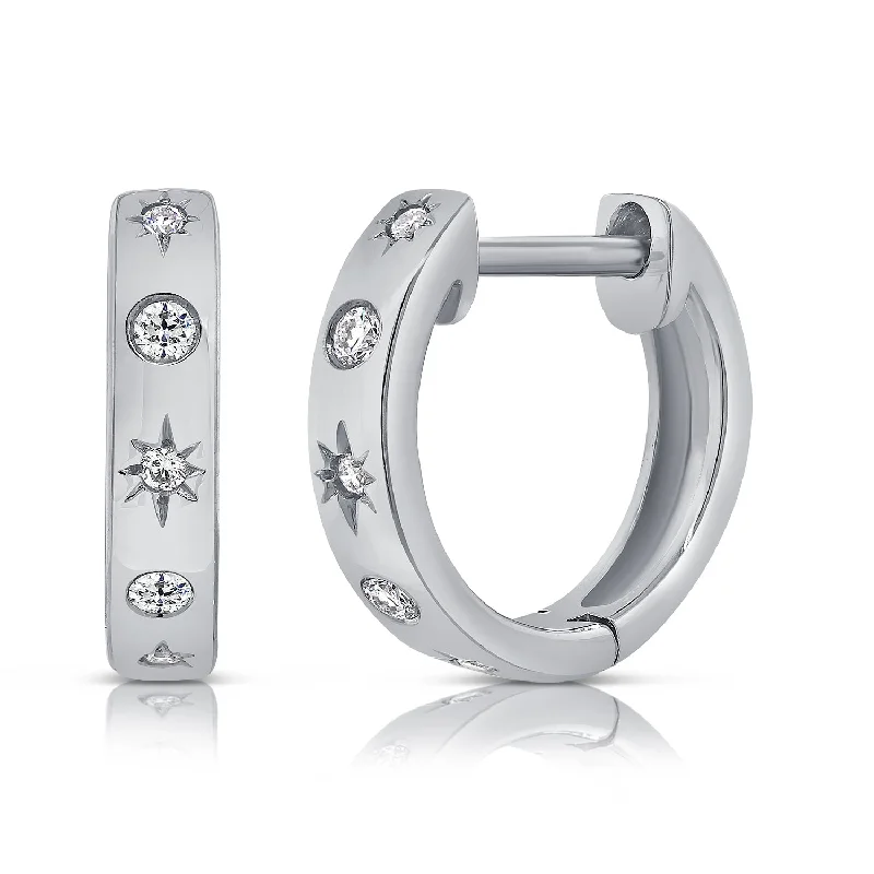 women's earrings with celestial stars -14K White Gold Diamond Star Huggie Earrings