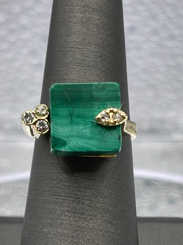 women's engagement rings platinum -Ladies 14 Karat Yellow Gold Diamond & Green Malachite Ring