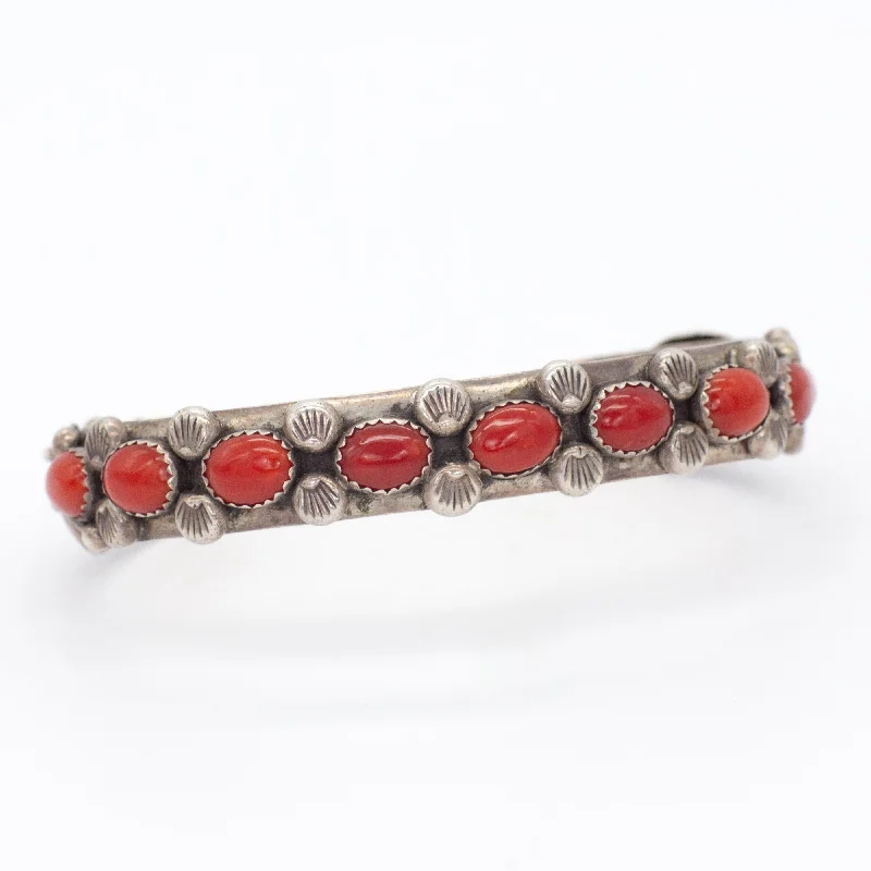 women's bracelets with cubic zirconia -Navajo Handmade Sterling Silver Coral Cuff Bracelet (Hallmark: J.D.)