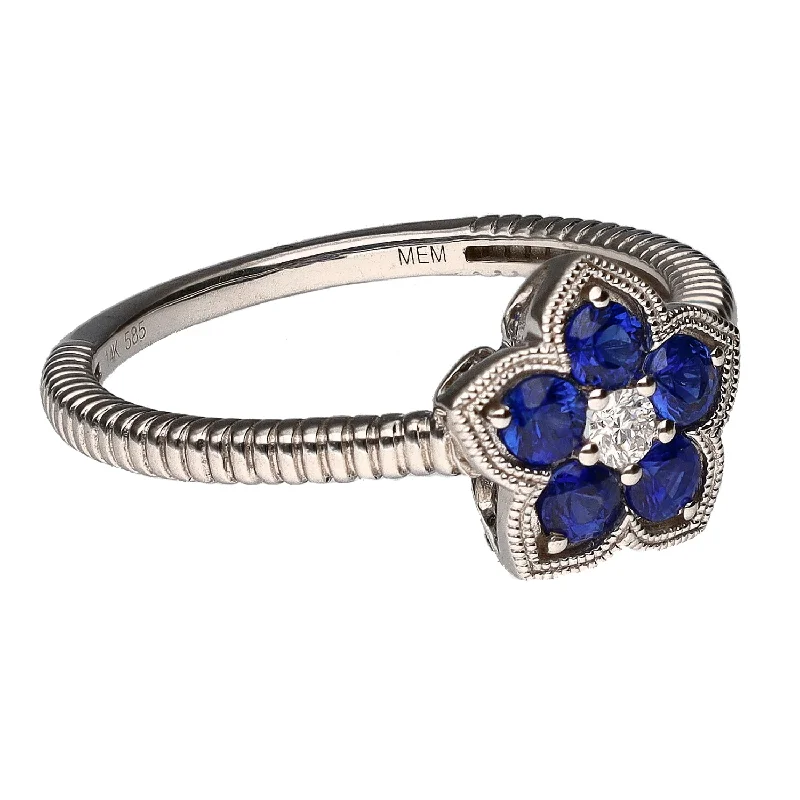 women's engagement rings with royal blue sapphire -14K White Gold Sapphire & Diamond Flower Shaped Fashion Ring