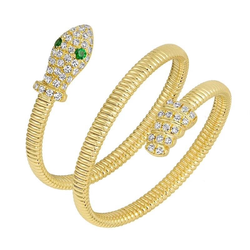 women's engagement rings with antique design -14K Diamond Fluted Snake With Emerald Eyes Ring