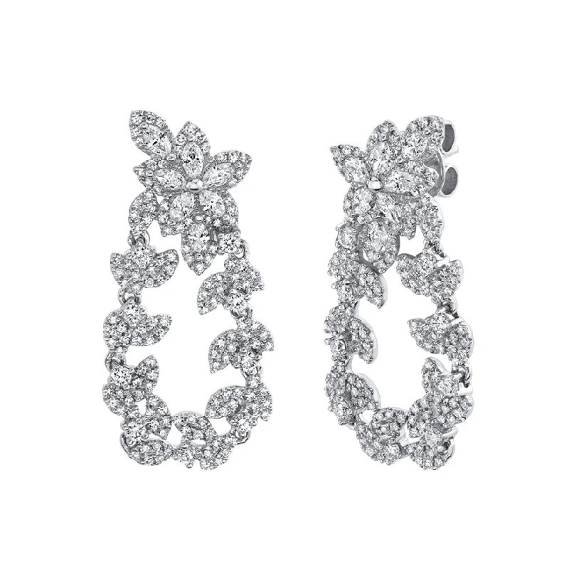 women's earrings with fine craftsmanship -14k White Diamond Marquise Flower & Leaf Drop Earrings