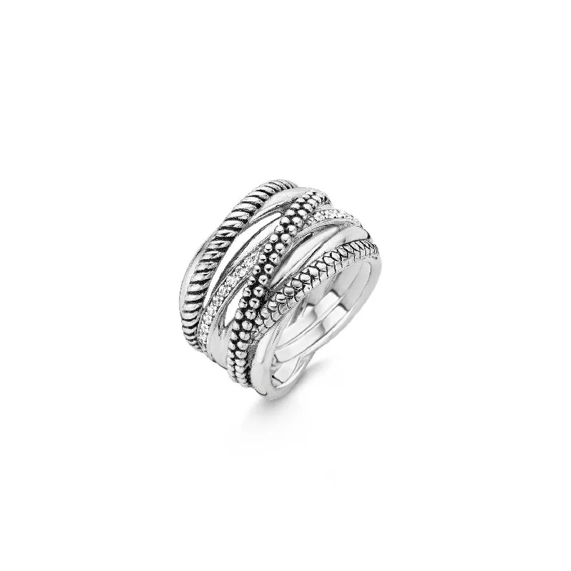 women's rings with diamond pave band -Ti Sento Silver Wide Crossover Bands Ring