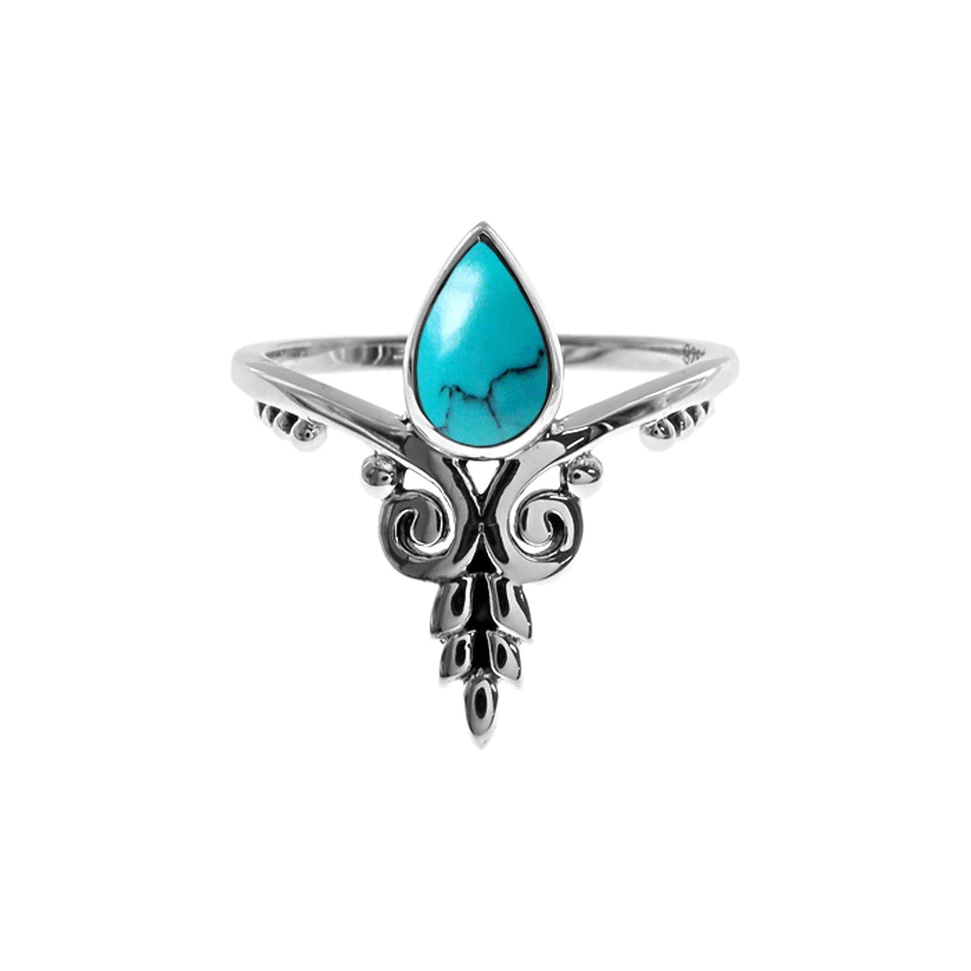 women's rings with chunky band -Sterling Silver Turquoise Teardrop Floral Chevron Ring