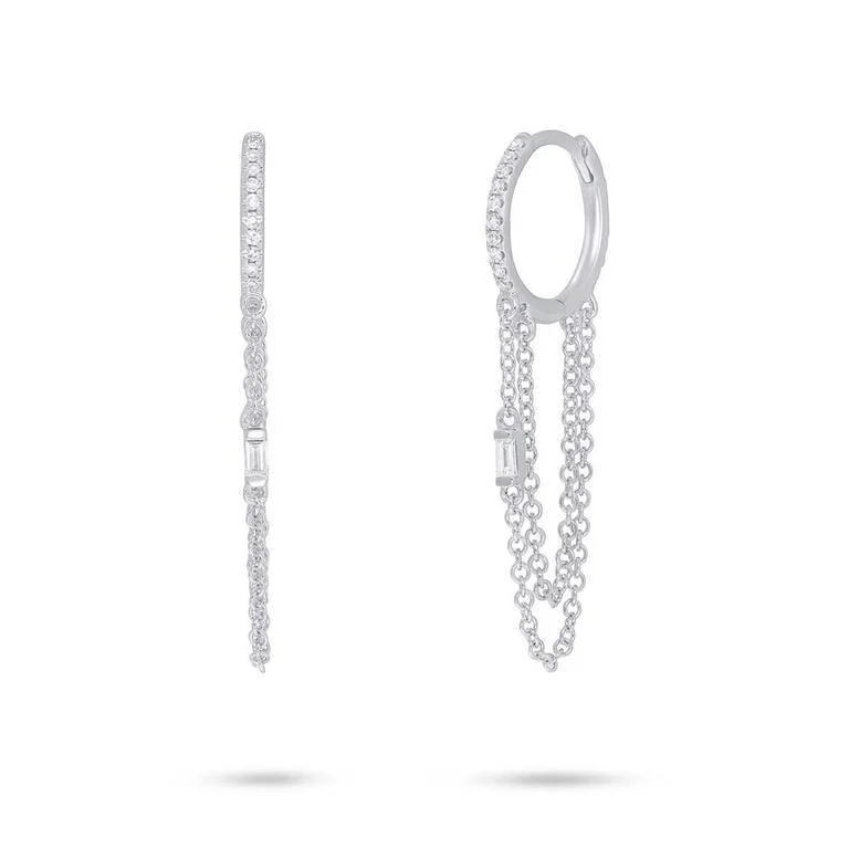 women's earrings with drop pearl -14K White Gold Baguette Diamond Chain Earrings