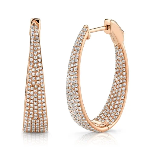 women's earrings with polished metal -14K Rose Gold Diamond Oval Graduating Hoops