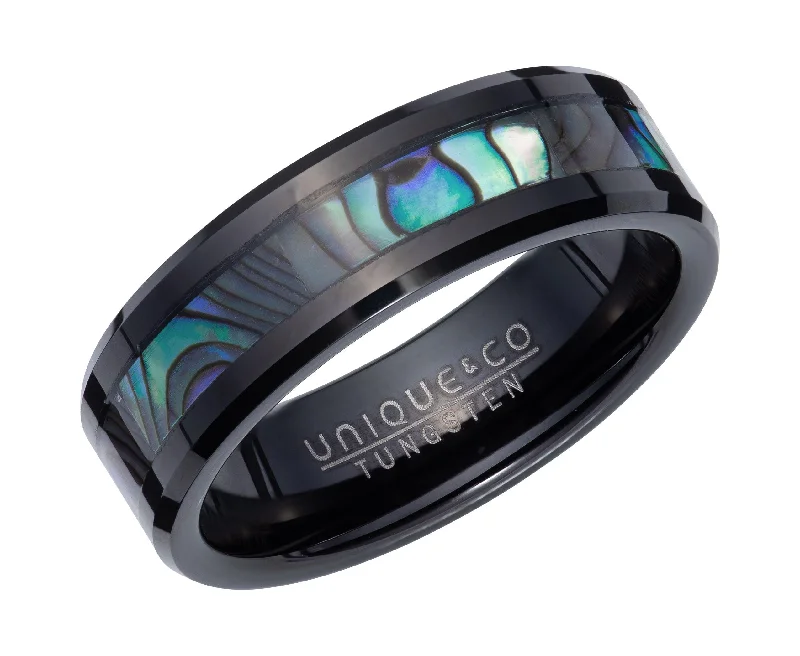 women's rings with cushion-cut diamond -Unique & Co Abalone and Tungsten Carbide Ring