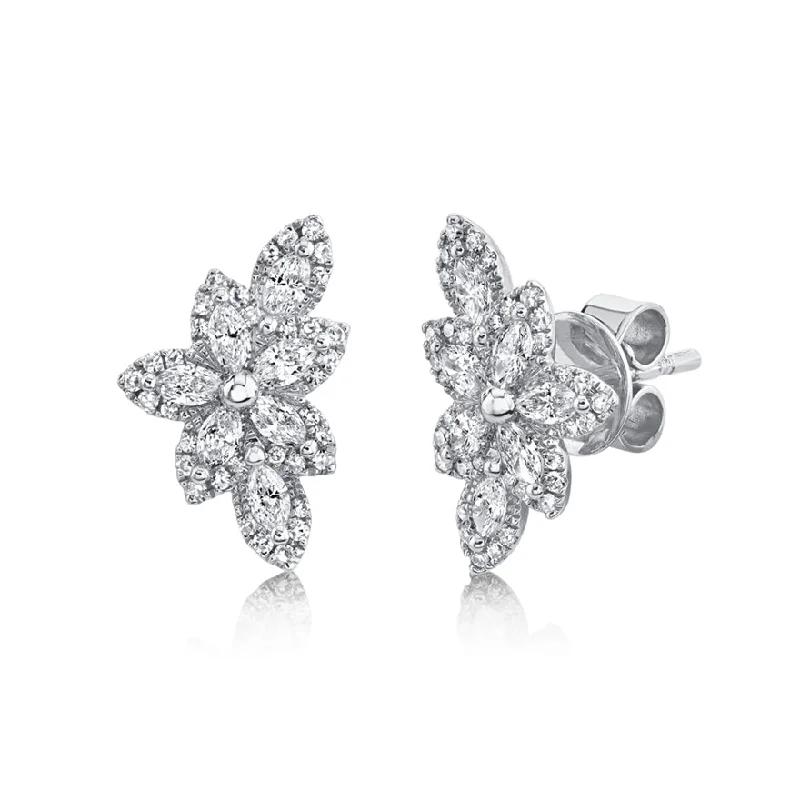 women's earrings with feather design -14K White Gold Diamond Flower Stud Earring