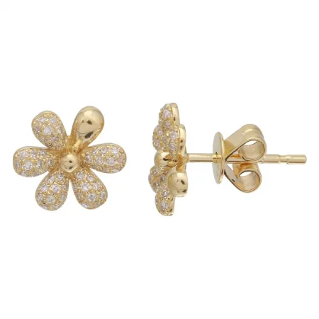 women's earrings with round diamonds -14k Yellow Gold Flower Diamond Earrings