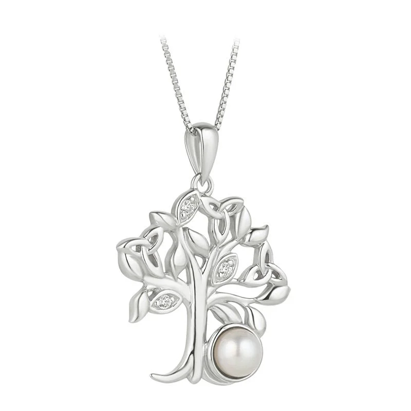 women's necklaces with heart-shaped design -Sterling Silver Freshwater Pearl Trinity Knot Tree of Life Pendant with Chain - S47061