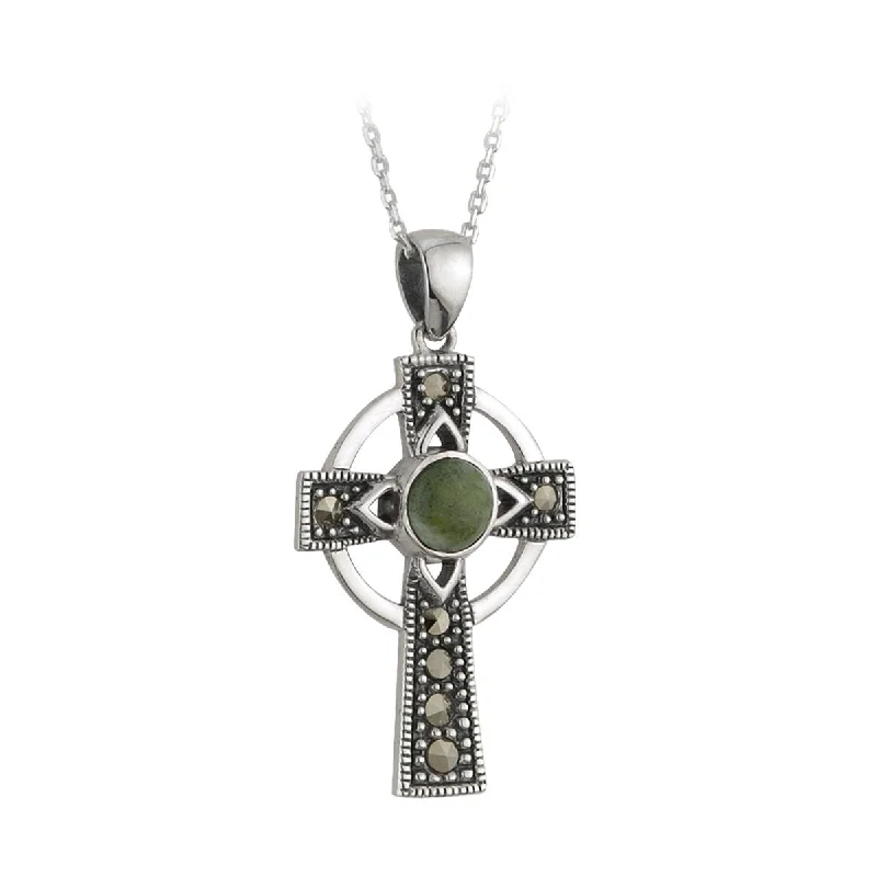 women's necklaces with diamond accents -Connemara Marble Marcasite Cross