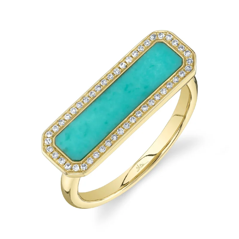 women's engagement rings with double band -14K Yellow Gold Diamond & Composite Turquoise Bar Ring