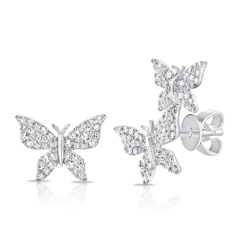 women's earrings with bolder design -14K White Gold Diamond Butterfly Stud Earrings