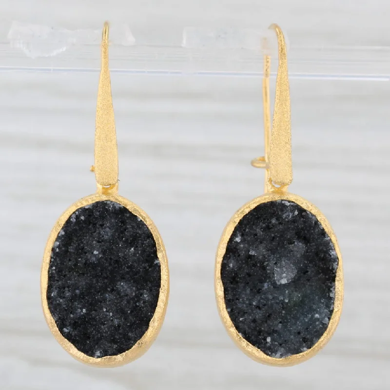 women's earrings with luxurious finish -New Nina Wynn Black Druzy Quartz Dangle Earrings Sterling Silver Gold Plated