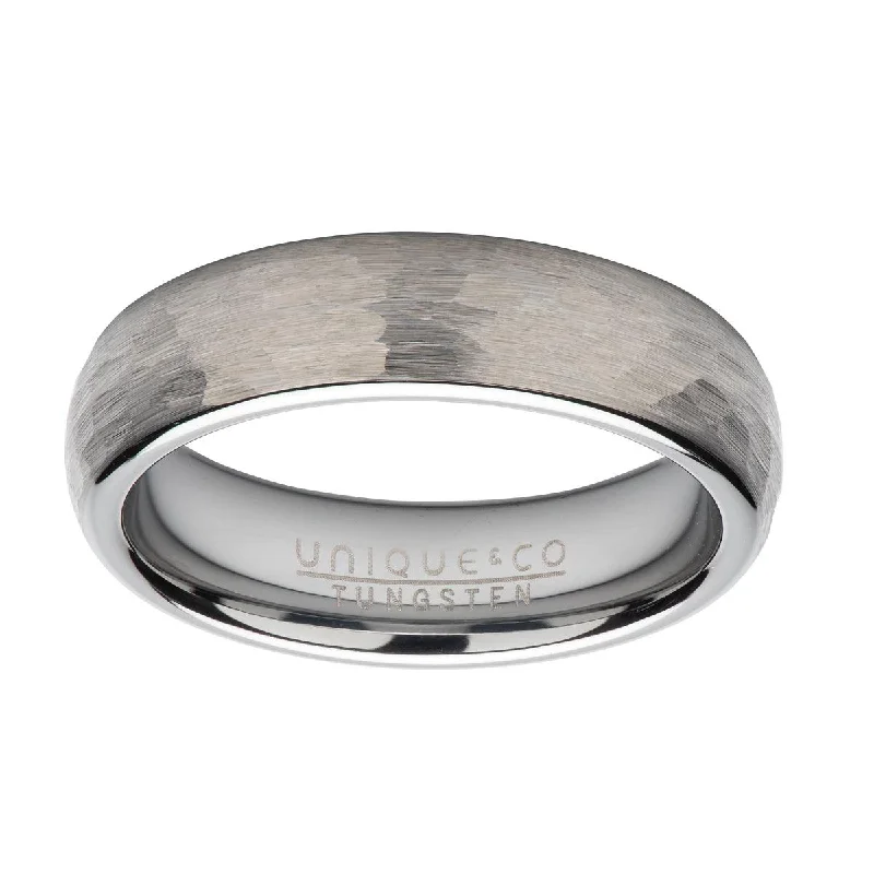 women's rings with stackable design -Unique & Co Hammered Polished Tungsten Band Ring