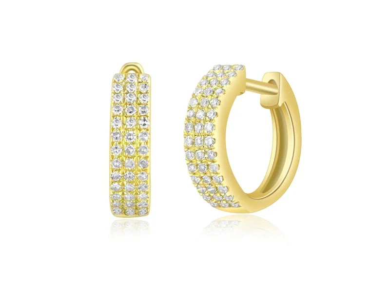 women's earrings with drop pearl -14K Yellow Gold Diamond Triple Row Huggie Earrings