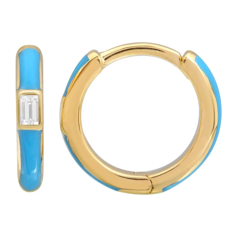 women's earrings with oversized hoop -14k Yellow Gold Classic Turquoise Enamel & Diamond Huggie Earrings