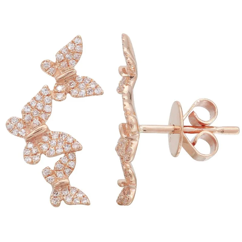 women's earrings with gemstone halo -14K Rose Gold Diamond Triple Butterfly Earrings