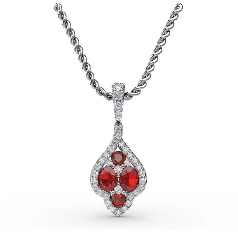 women's necklaces with gemstone pendant -Fana Halo Ruby and Diamond Cluster Pendant P1740R