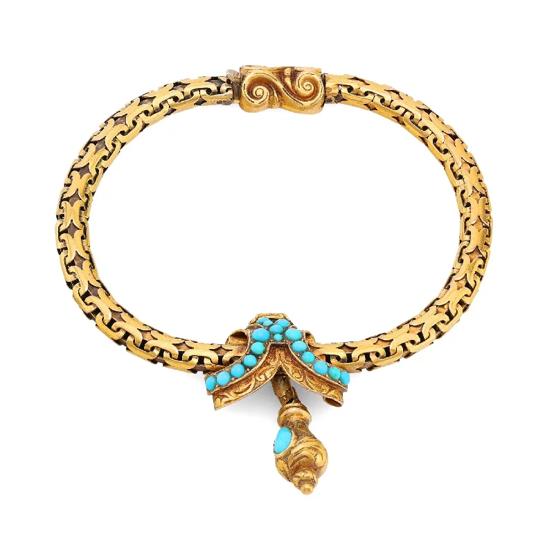 women's bracelets with large gemstone -Victorian 18k yellow gold turquoise stretchy bracelet