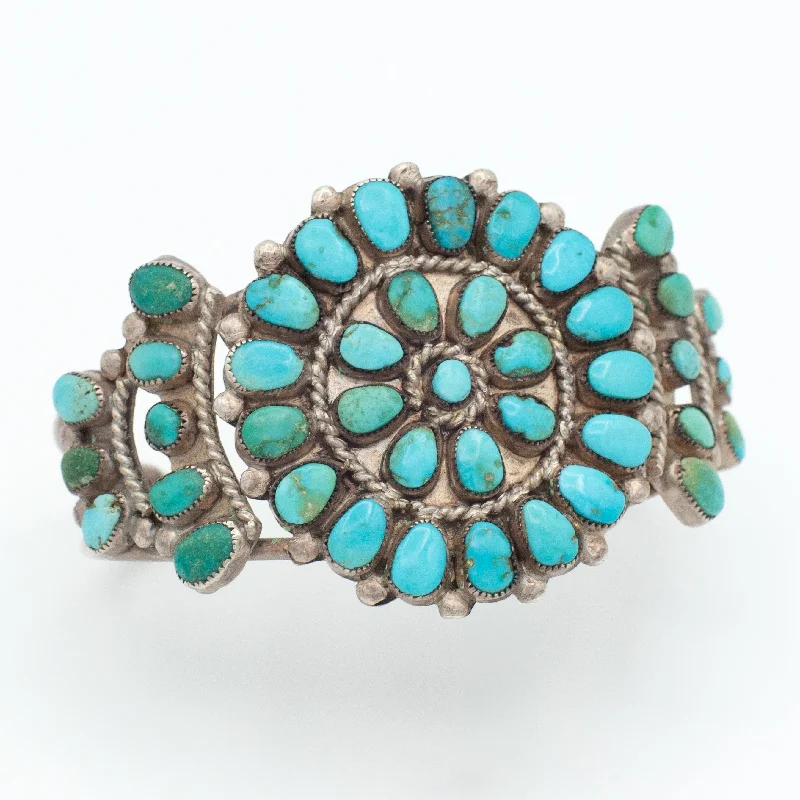 women's bracelets with radiant cut -Vintage Handmade Sterling Silver Turquoise Petit Point Cluster Cuff Bracelet (Hallmark Unknown)