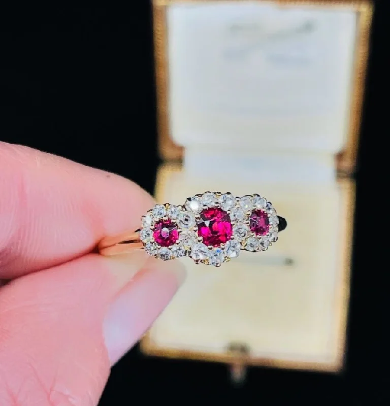 women's engagement rings with modern style -Victorian Ruby and Diamond Triple Round Cluster Ring