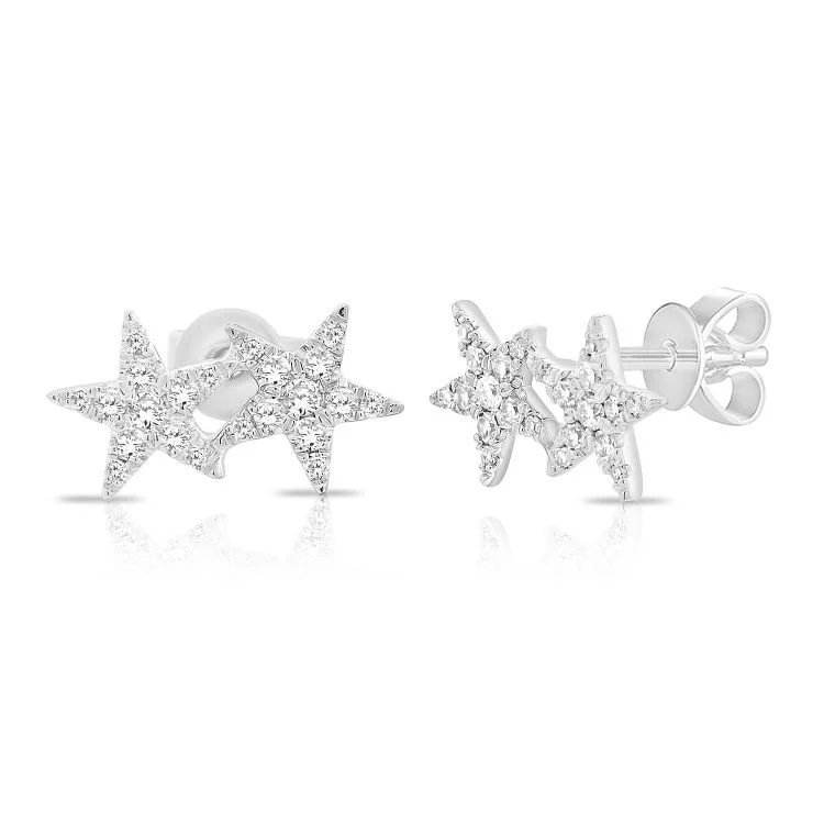 women's earrings with bolder design -14K White  Diamond Double Star Earrings