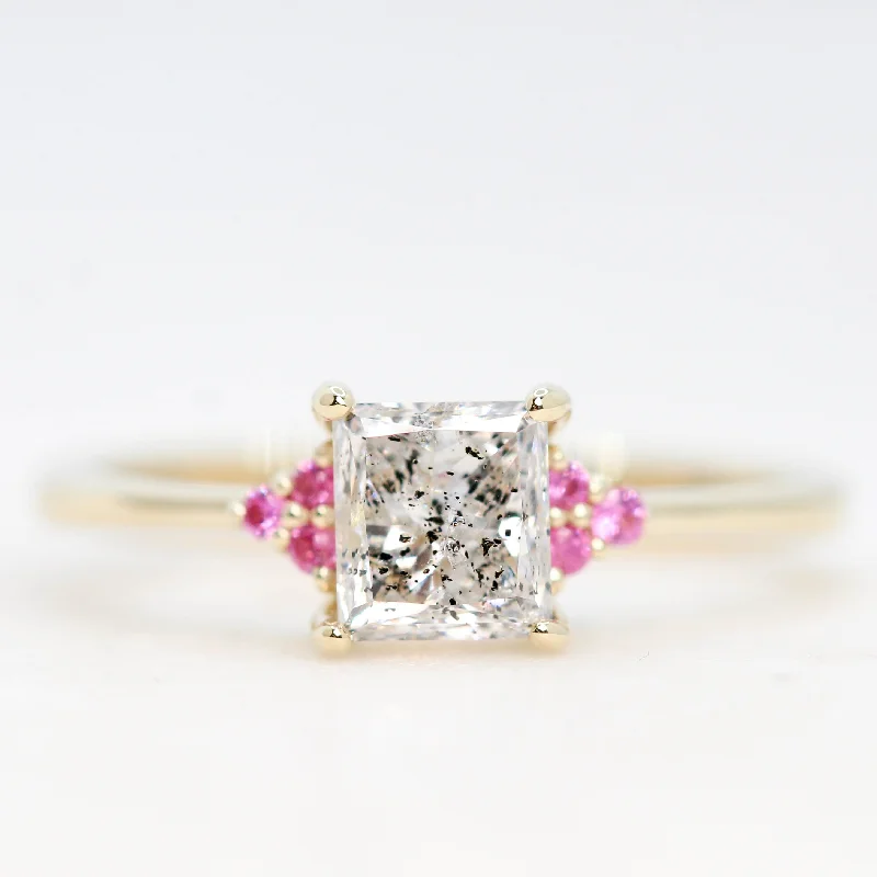 women's engagement rings with eternity band -Imogene Ring with a 1.25 Carat Clear Princess Cut Salt and Pepper Celestial Diamond and Pink Accent Sapphires in 14k Yellow Gold - Ready to Size and Ship