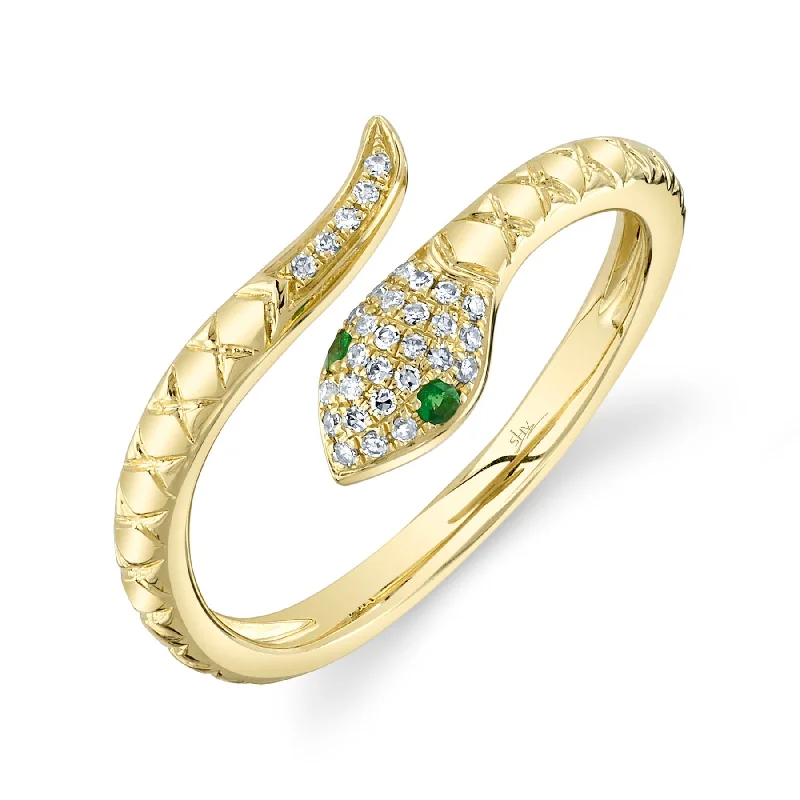 women's engagement rings with mixed metal band -14K Yellow Gold Diamond & Green Garnet Snake Ring