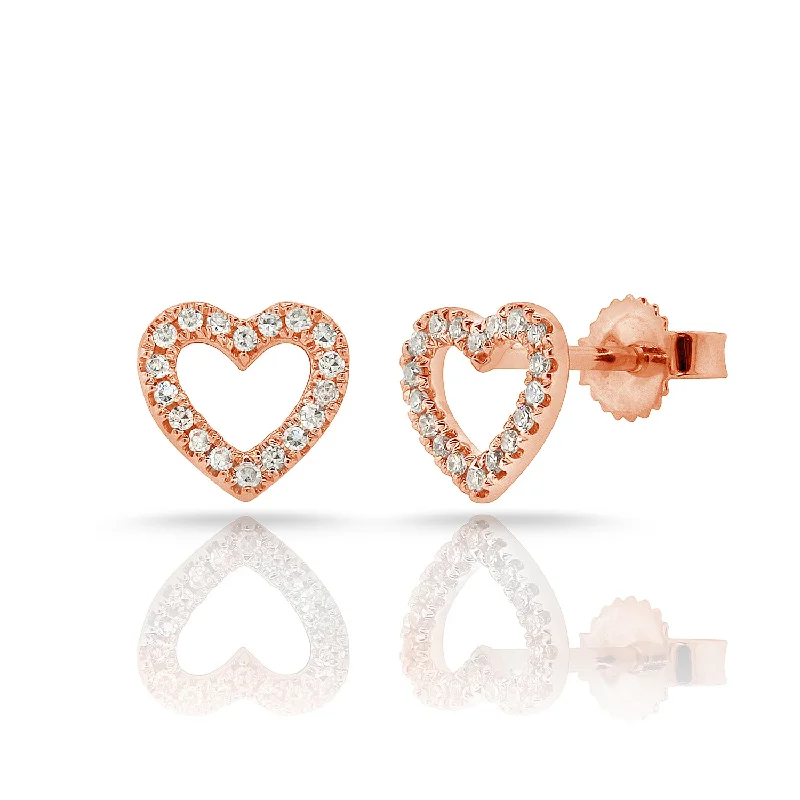 women's earrings with wire wrap -14K Rose Gold Diamond Open Heart Stud Earrings