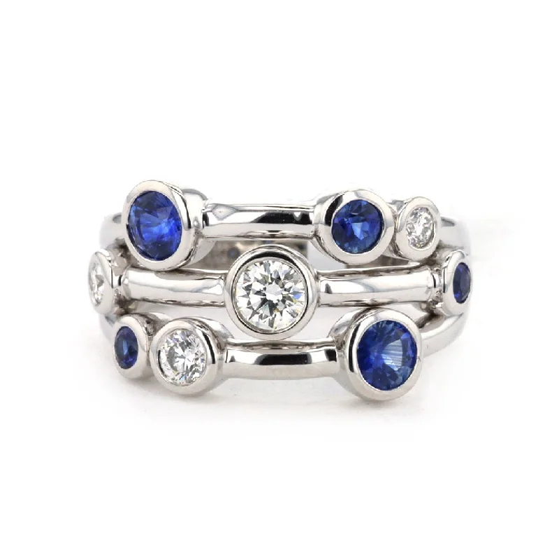 women's engagement rings with pear-shaped diamond -Blue Sapphire & Diamond 3 Row Ring