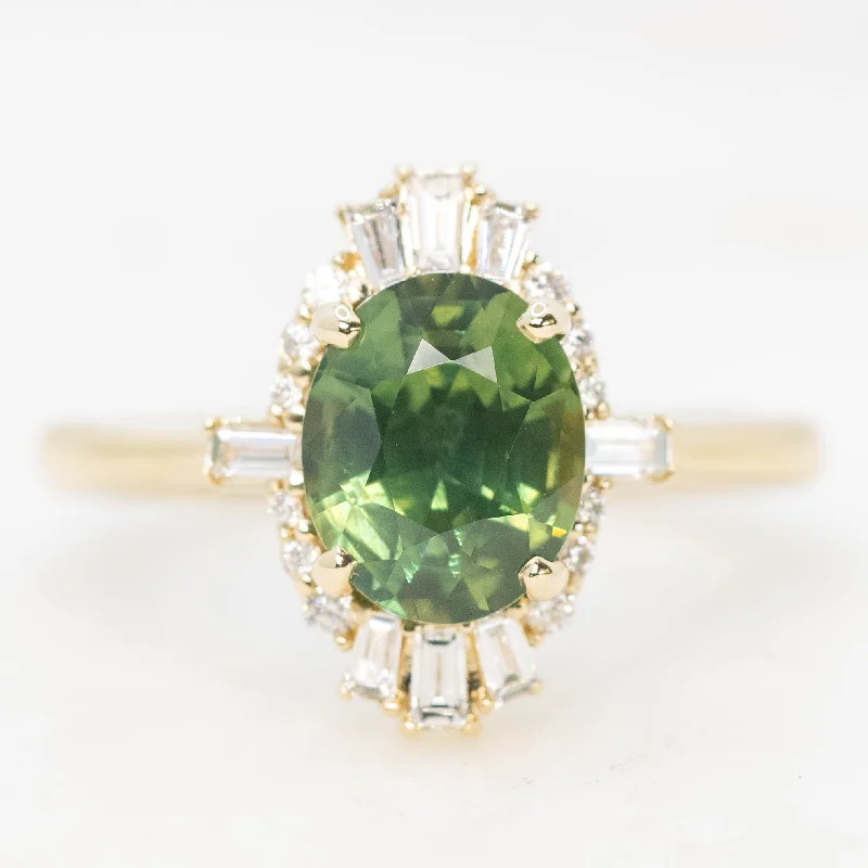 women's engagement rings with heart-shaped gemstone -Ophelia Ring with a 2.06 Carat Oval Australian Green Sapphire and White Accent Diamonds in 14k Yellow Gold - Ready to Size and Ship