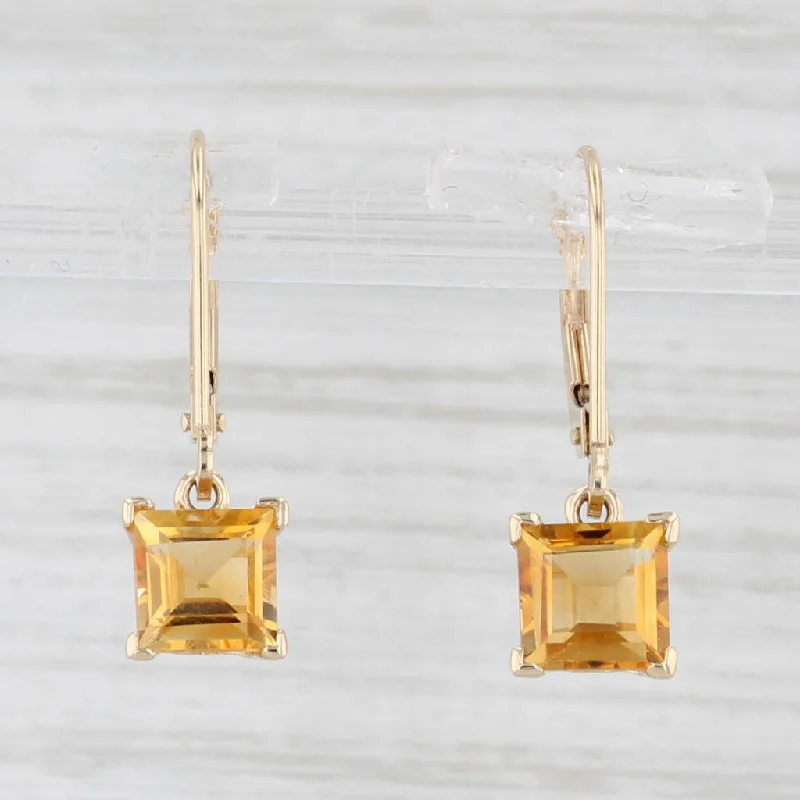 women's earrings with emerald-cut diamond -1.64ctw Citrine Drop Earrings 14k Yellow Gold Princess Solitaires