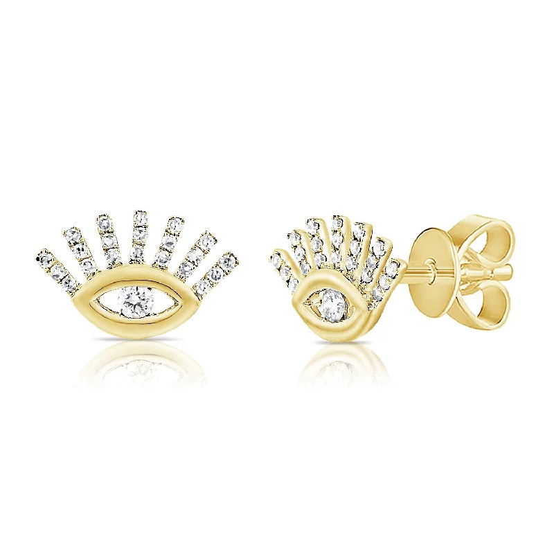 women's earrings with huggie design -14K Yellow Gold Diamond Evil Eye Stud Earrings