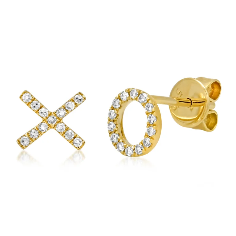 women's earrings with single pearl -14K Yellow Gold Diamond "XO" Stud Earrings