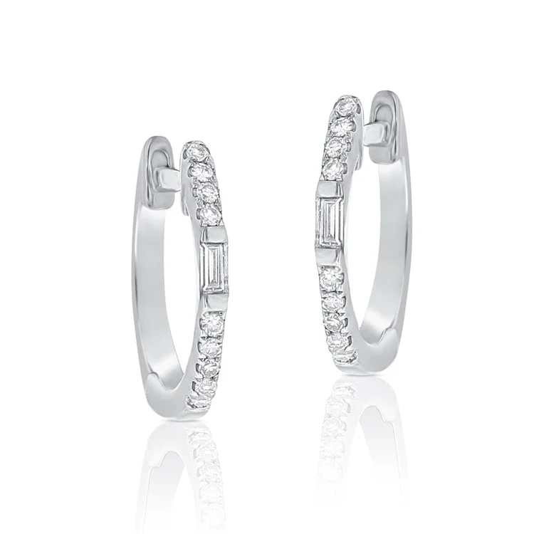 women's earrings with baroque pearl -14K White Gold Round and Baguette Diamond Huggie Earrings